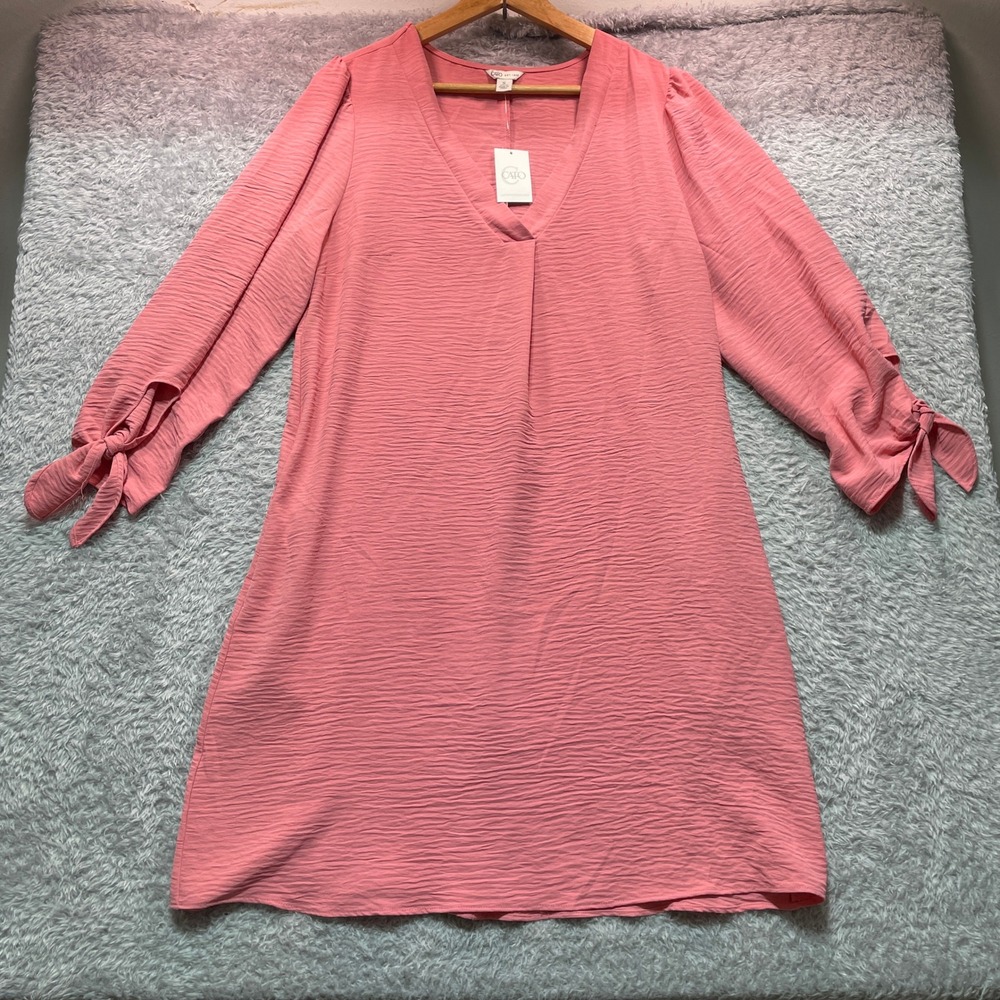 Cato Womens Pink Crinkle V-Neck Shift Dress Tie Sleeve Small NWT